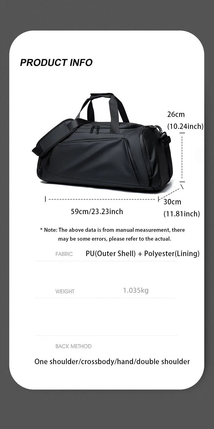 Bolsa mala de academia multifuncional preta com compartimento para sapateira e alça de ombro.