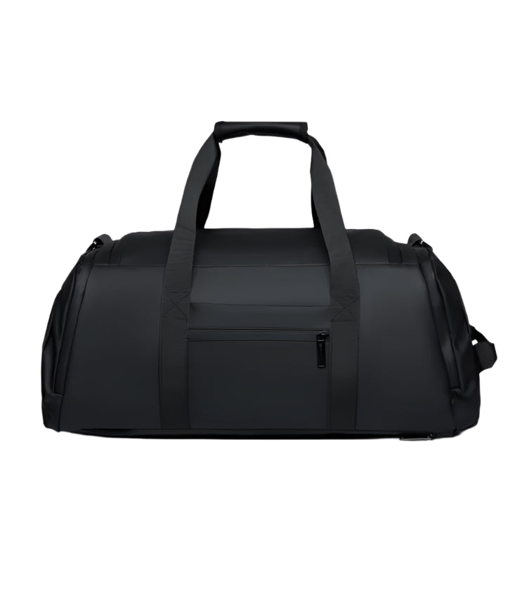 Bolsa mala de academia multifuncional preta com compartimento para sapateira e alça de ombro.
