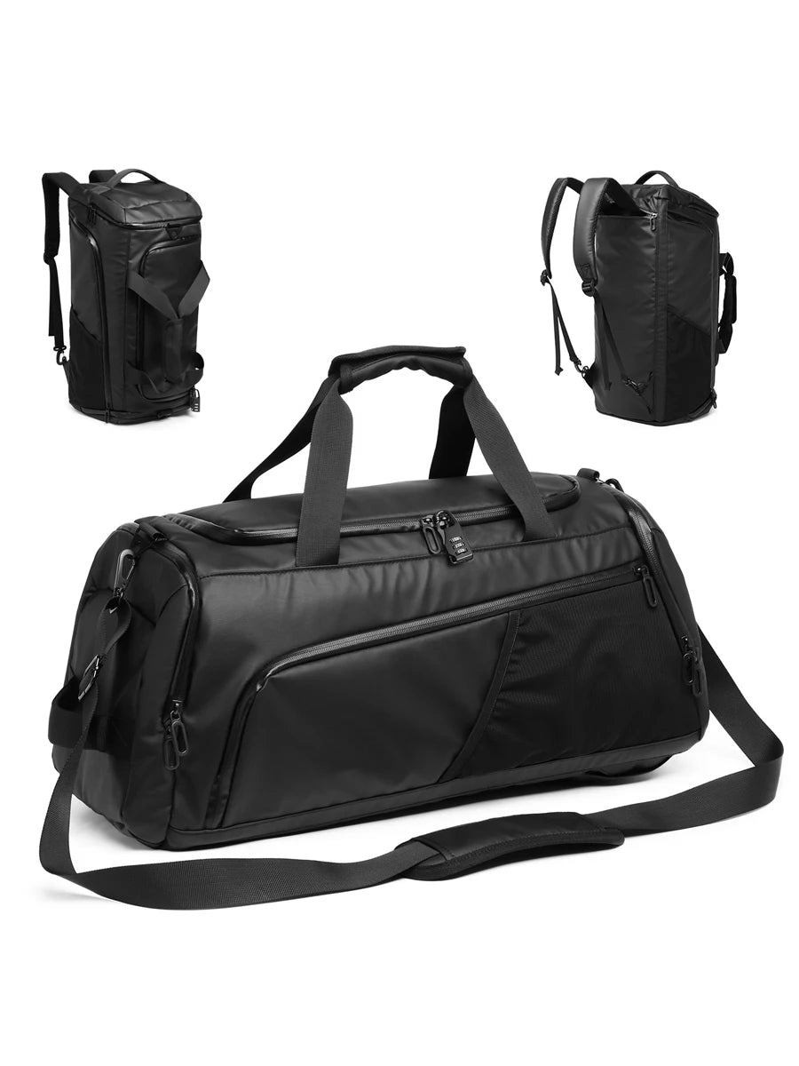 Bolsa de viagem multifuncional preta exibida em três ângulos: como bolsa de mão, como mochila e como mala de ombro.