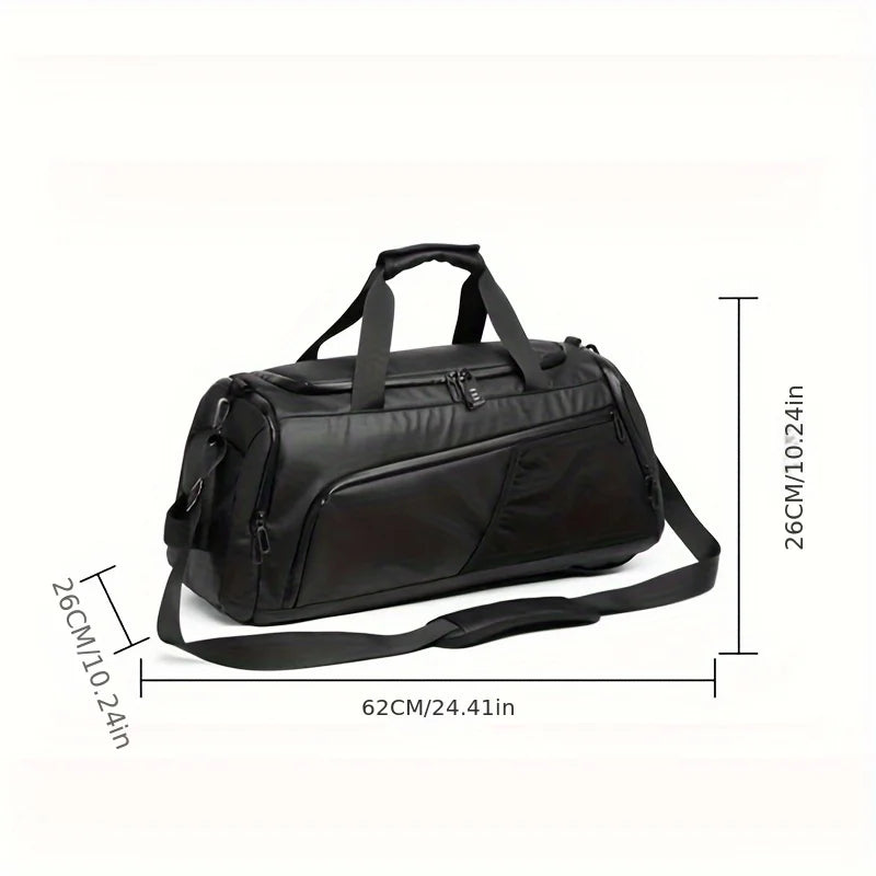 Bolsa de viagem multifuncional preta exibida em três ângulos: como bolsa de mão, como mochila e como mala de ombro.