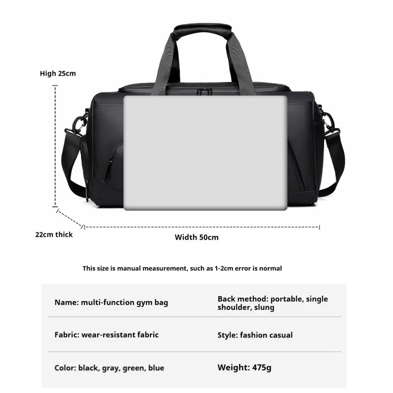 Bolsa esportiva multifuncional preta para viagem e treino, com bolsos laterais e capacidade para notebook.