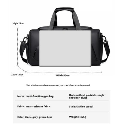 Bolsa esportiva multifuncional preta para viagem e treino, com bolsos laterais e capacidade para notebook.