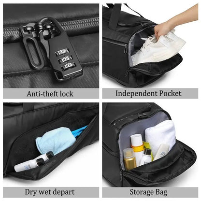 Bolsa de viagem multifuncional preta exibida em três ângulos: como bolsa de mão, como mochila e como mala de ombro.
