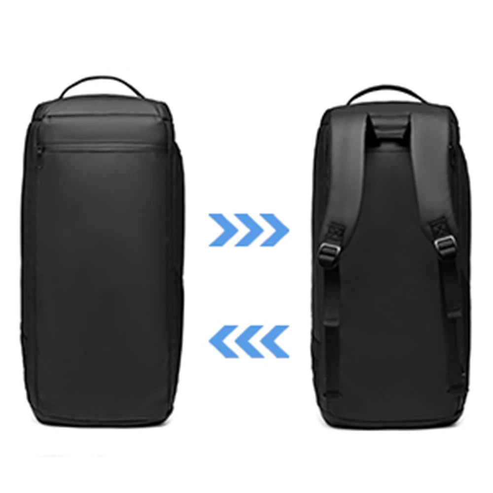 Bolsa de viagem multifuncional preta exibida em três ângulos: como bolsa de mão, como mochila e como mala de ombro.