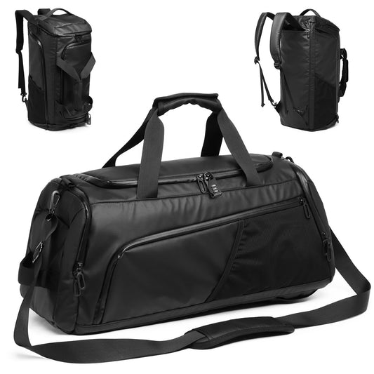 Bolsa de viagem multifuncional preta exibida em três ângulos: como bolsa de mão, como mochila e como mala de ombro.