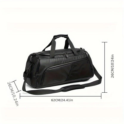 Bolsa de viagem multifuncional preta exibida em três ângulos: como bolsa de mão, como mochila e como mala de ombro.