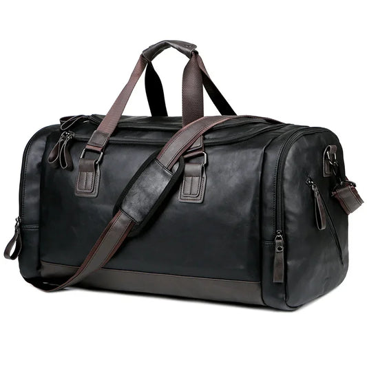  Mala de viagem masculina preta em couro PU com alças de mão e de ombro na cor marrom.