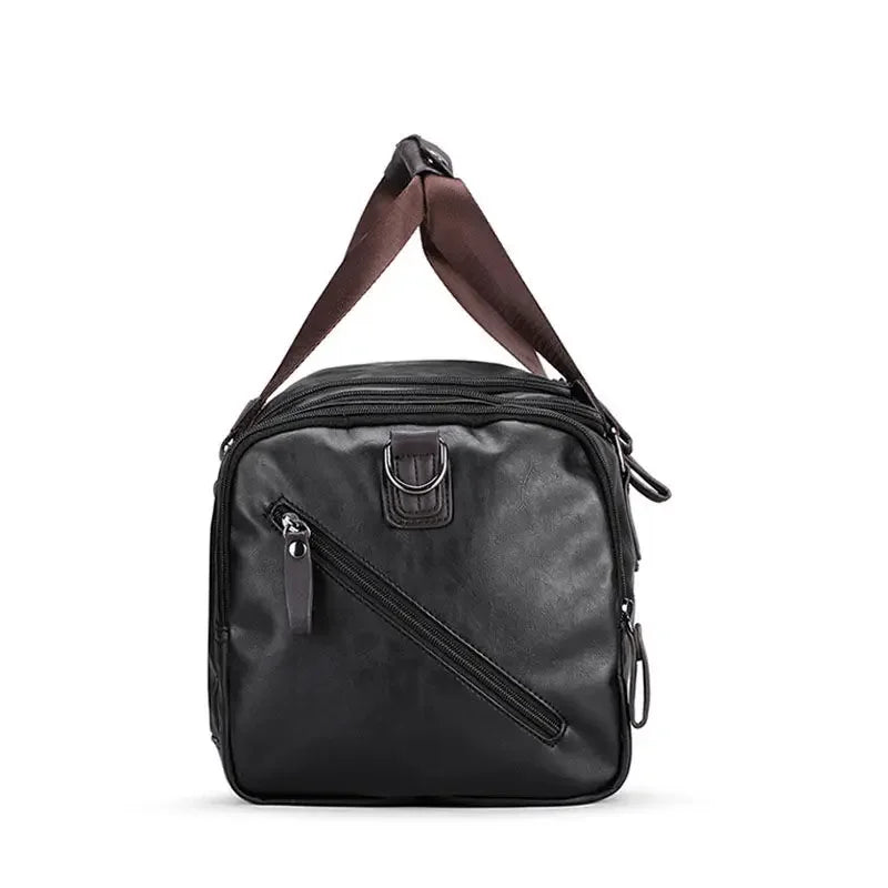 Bolsa de mão masculina para viagem, modelo em couro PU preto com detalhes em marrom.