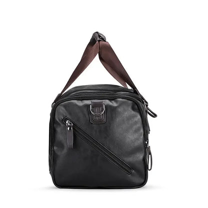 Bolsa de mão masculina para viagem, modelo em couro PU preto com detalhes em marrom.