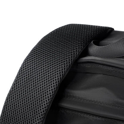 Men's black laptop backpack with a modern, minimalist design.
